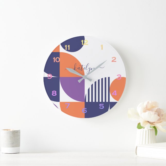 Modernes Navy Blush Orange Muster aus dem Mittelal Große Wanduhr (Zuhause)