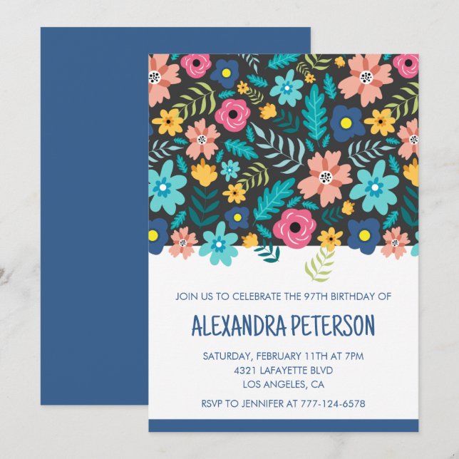 Modernes Navy Floral Pattern 97. Geburtstag Einladung (Vorne/Hinten)