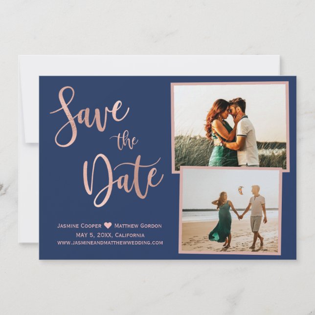 Modernes Navy Rose Gold Elegantes Typografie-Foto Save The Date (Vorderseite)
