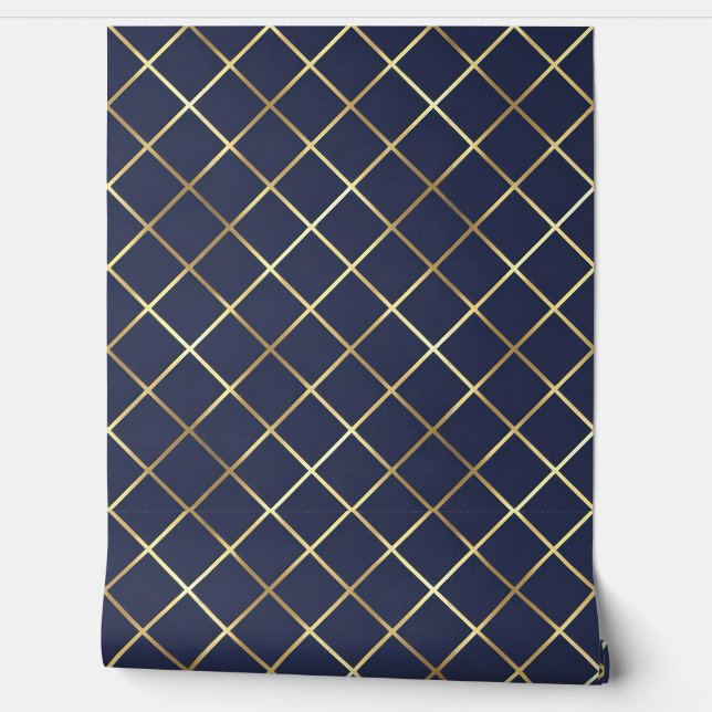 Modernes Navy und Gold Diamond Grid Tapete (Abrollen)