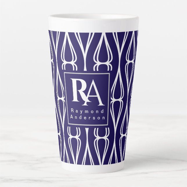 Modernes Navy White Pattern Monogramm Milchtasse (Vorderseite)