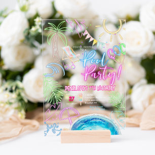 Modernes Neon Glow Watercolor Pool Party Geburtsta Acryleinladungen