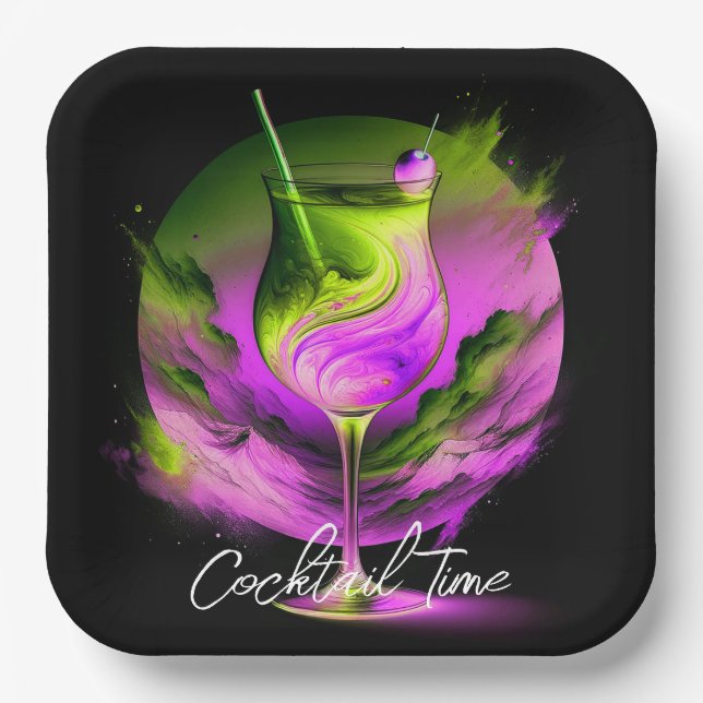 Modernes Neon Party Time Personalisiert Pappteller (Vorderseite)