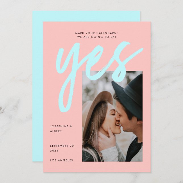 Modernes Neon Pink Mint Big Script Foto Hochzeit Save The Date (Vorne/Hinten)