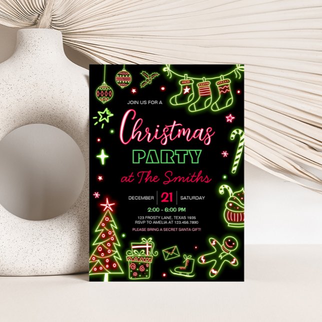 Modernes Neon Santa Weihnachts-Party Einladung (Neon Santa Modern Christmas Party Invitation)