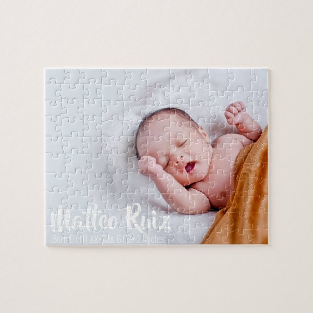Modernes neues Baby Anreise Foto Script Minimal Puzzle (Horizontal)