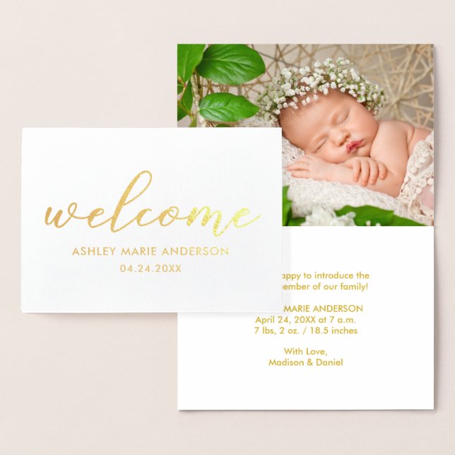 Modernes neues Baby Welcome Foto Gold Folienkarte (Anzeige)