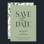 Modernes, nicht-Foto-elegantes botanisches Aquarel Save The Date<br><div class="desc">Moderne minimale Blätter botanischen grün Drehbuch Hochzeit nicht Foto Save the Date Karte. Handgemalte Eukalyptus,  minimales Blattwerk und moderne rustikale Rattankranke verleihen dieser Ankündigungskarte ein luxuriöses Gefühl. In klassischen Grüntönen,  Braun und Grau.</div>