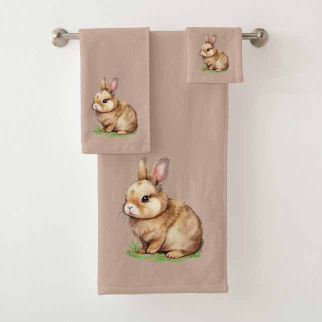 Modernes Niedliches Bunny auf Lucky Beige Badhandtuch Set (Insitu)
