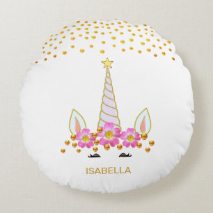 Modernes, Niedliches Einhorn, Blume & Goldschmiede Rundes Kissen