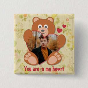 Modernes Niedliches Gelbes Teddybär Herzkranz Foto Button