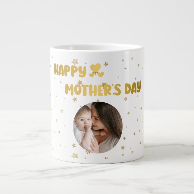 Modernes Niedliches Golden Happy Mother Day Foto B Jumbo-Tasse (Vorderseite)