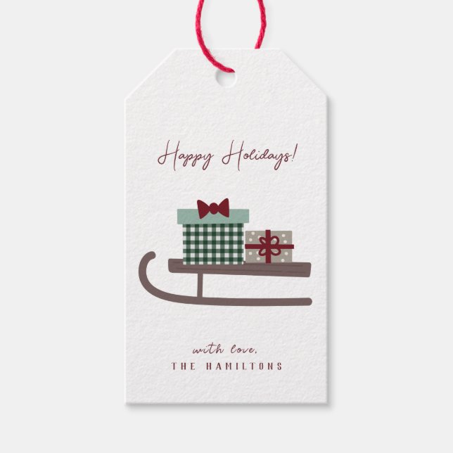 Modernes Niedliches Happy Holidays Sleigh Geschenkanhänger (Vorderseite)