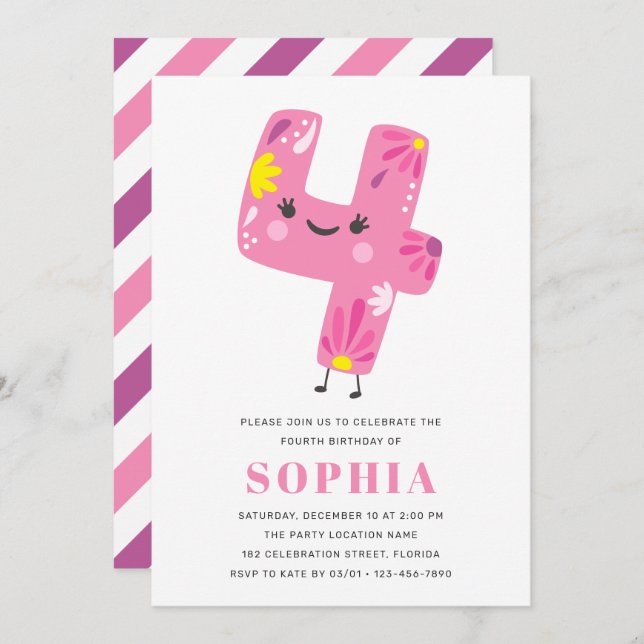 Modernes Niedliches Pink Girl Geburtstag - 4. Gebu Einladung (Vorne/Hinten)