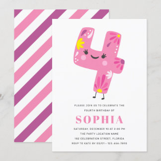 Modernes Niedliches Pink Girl Geburtstag - 4. Gebu Einladung