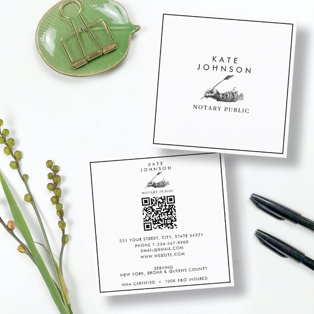 Modernes Notar Signature Agent Feather Quill Logo Quadratische Visitenkarte (Modern Notary Signing Agent Feather Quill Logo Square Business Card)
