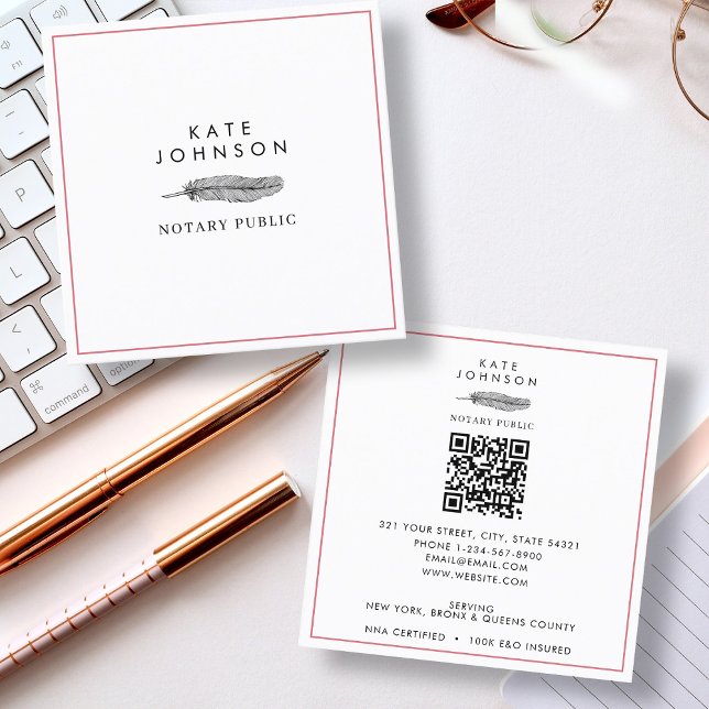 Modernes Notar Signature Agent Feather Quill Logo Quadratische Visitenkarte (Modern Notary Signing Agent Feather Quill Logo Square Business Card)