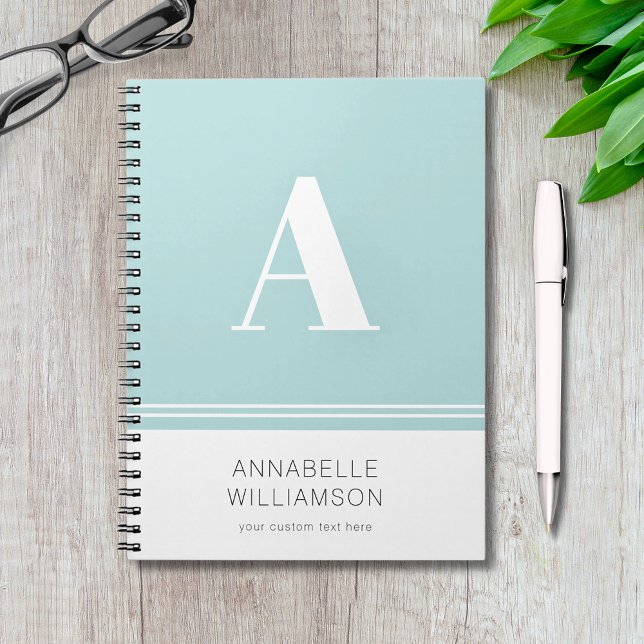 Modernes Notebook mit weißem Aqua-Monogramm Notizblock (Modern simple minimalist monogram notebook with customizable text in mint aqua and white.)
