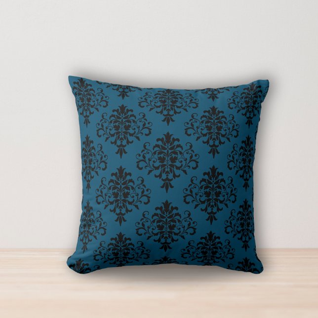 Modernes Ocean Blue Black Damask Muster Kissen (Von Creator hochgeladen)