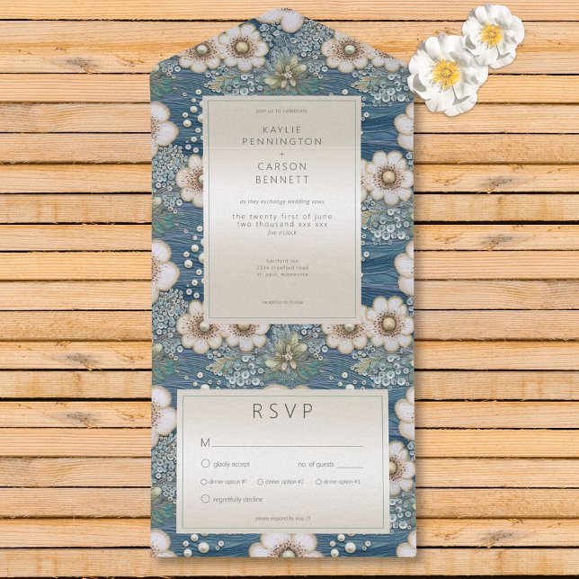 Modernes Ocean Floral Satin & Pearls Abendessen All In One Einladung (Modern Ocean Floral Satin & Pearls Dinner All In One Invitation)