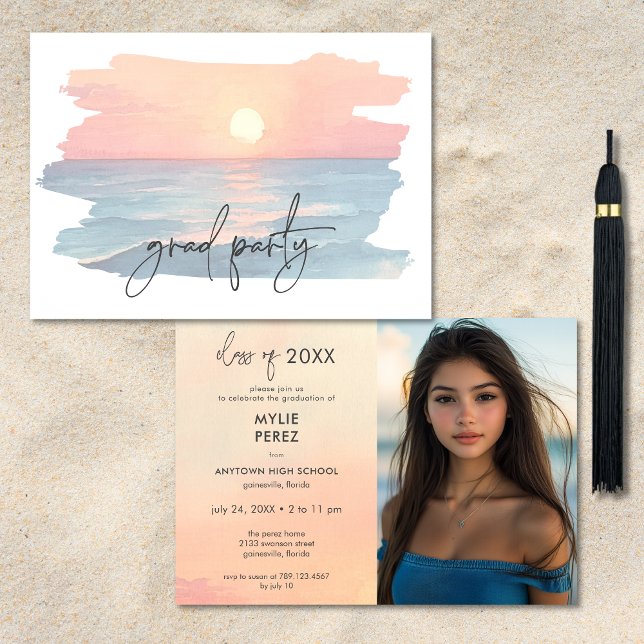 Modernes Ocean Sunset Beach Abschluss Foto Party Einladung (Modern Ocean Sunset Beach Graduation Photo Party Invitation)