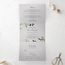 Modernes Olive Branch Gray Foto Hochzeit in einem Dreifach Gefaltete Einladung