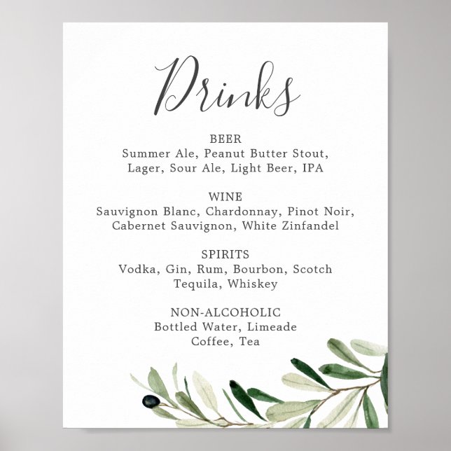 Modernes Olive Branch Wedding Drinks Menü Zeichen Poster (Vorne)