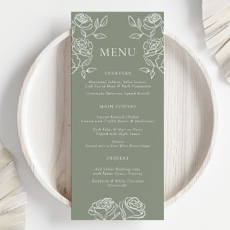 Modernes Olive Green French Rose Hochzeitmenü Rett Menükarte