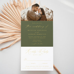 Modernes Olive Green Gold Foil Script Foto Hochzei All-in-One-Einladung