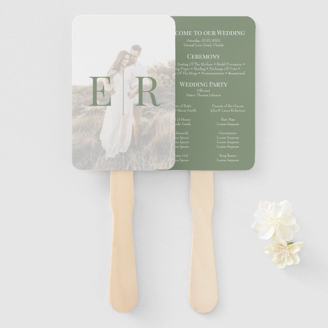 Modernes Olive Green Monogram Foto Wedding Program Fächer (Vorne und Hinten)
