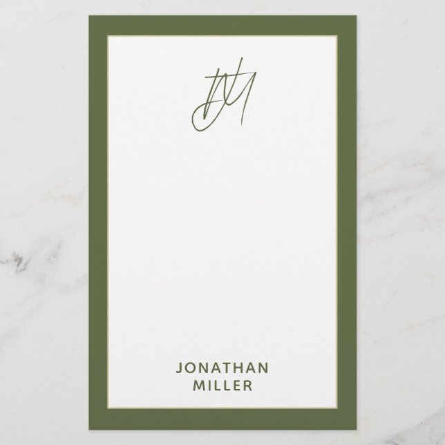 Modernes Olive Green Monogramm Briefpapier (Vorderseite)