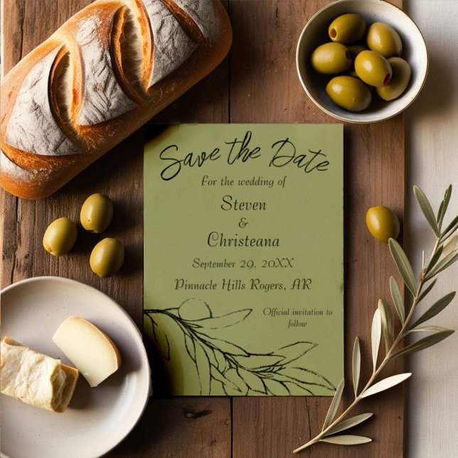 Modernes Olive Green Olive Branch Foto Save The Date (Von Creator hochgeladen)