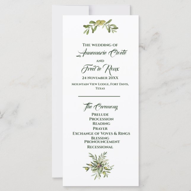 Modernes Olive Green Wedding Programm (Vorderseite)