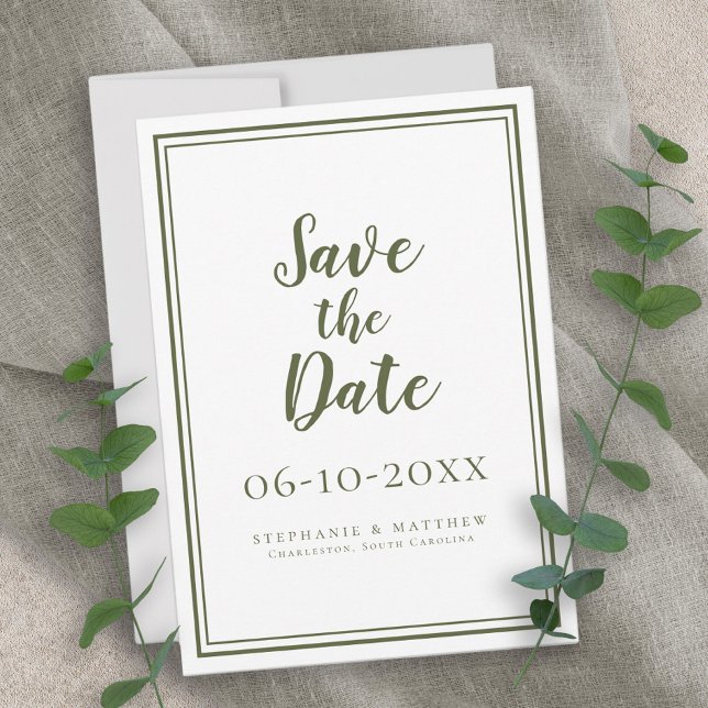 Modernes Olive Green Wedding Script Einfache Klass Save The Date (Modern Olive Green Wedding Script Simple Classic Save The Date)