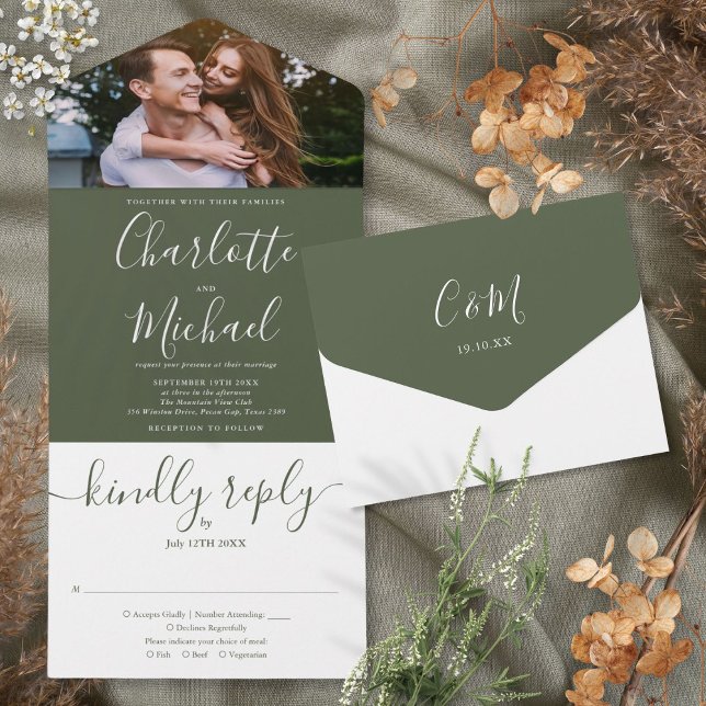 Modernes Olive Script-Foto Hochzeit All In One Einladung (Modern Elegant Olive Script Photo Wedding All In One Invitation)