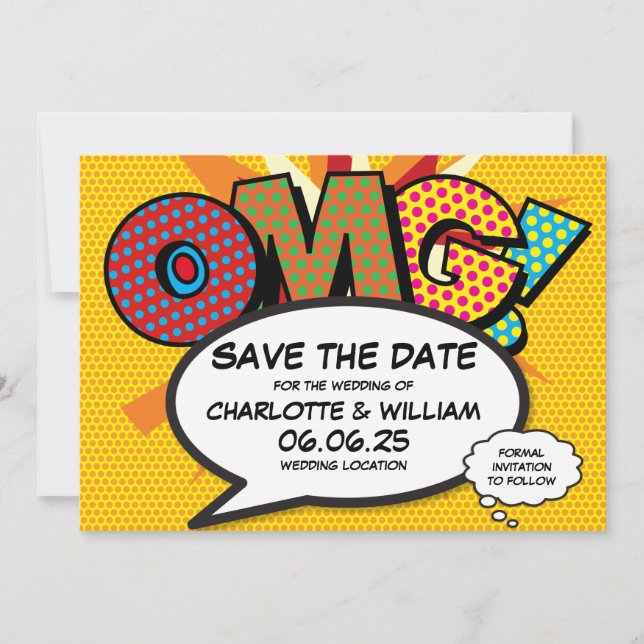 Modernes OMG Fun Comic Book Wedding Save the Date (Vorderseite)