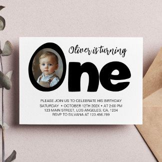 Modernes One Black and White Birthday Foto laden e Dankeskarte