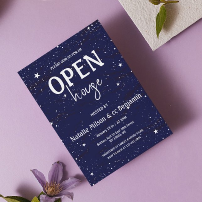 Modernes Open House Navy Blue Stars Housewarming Einladung (Modern Open House Navy Blue Stars Housewarming Invitation chic elegant sky stars holiday blue white )