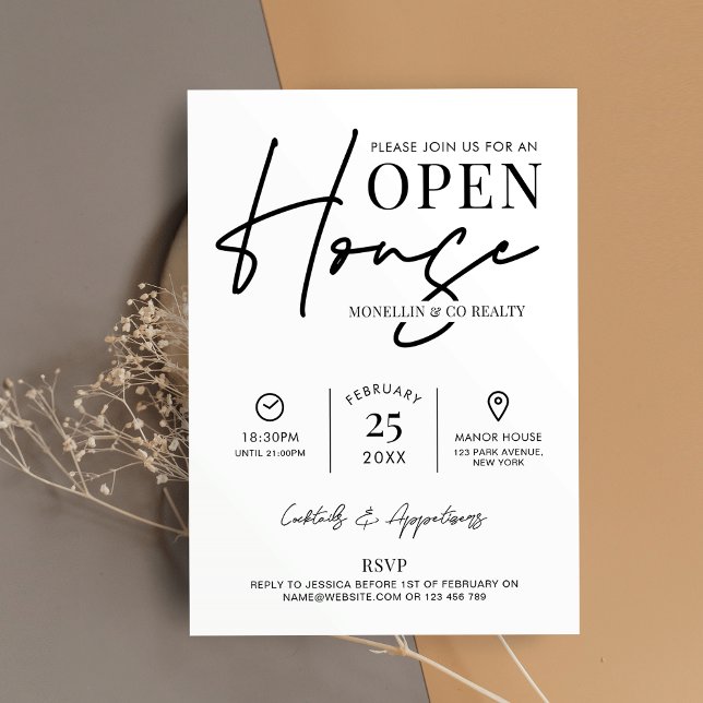Modernes Open House Schwarz-weiß Real Anwesen Busi Einladung (Modern Open House Invitation design in black and white, perfect to promote your next event)