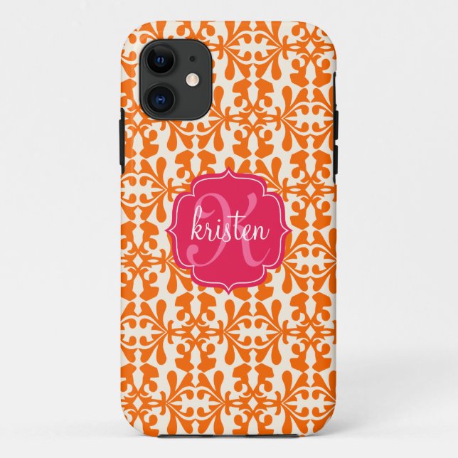 Modernes orange Arabeske-Damast-Rosa Case-Mate iPhone Hülle (Rückseite)