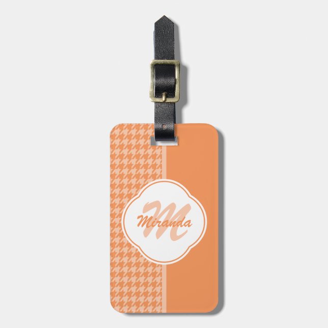 Modernes orange Hahnentrittmuster-Monogramm und Gepäckanhänger (Vorderseite vertikal)