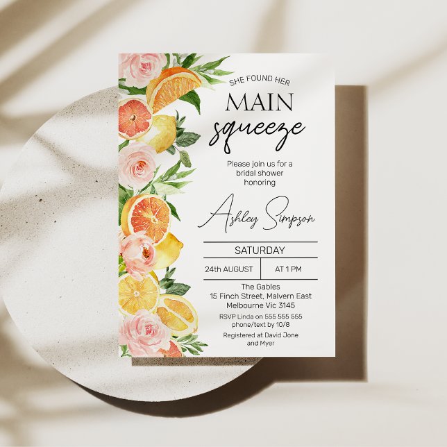 Modernes Orange Lemons Hauptpresse Brautparty Einladung (Citrus themed she found her main squeeze bridal shower invitation with lemon, oranges and flowers.)