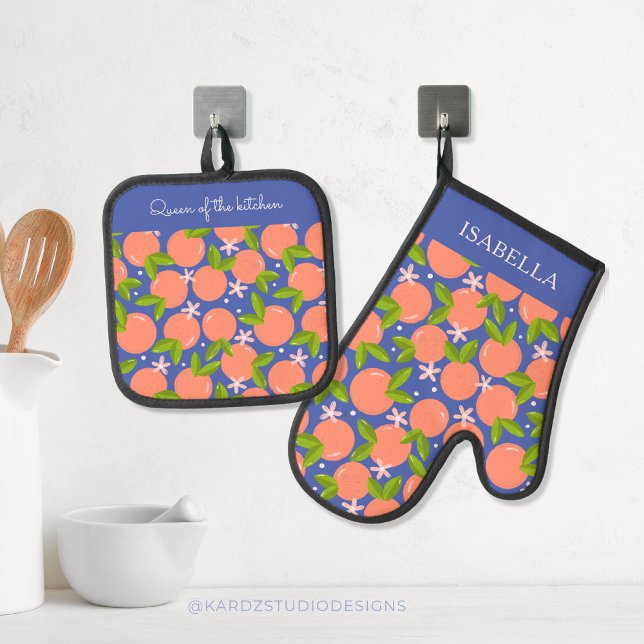 Modernes Orange Muster Stilvoll Personalisiert Ofenhandschuh & Topflappen-Set (Personalized oven mitts with orange patterns in blue and orange colors. )
