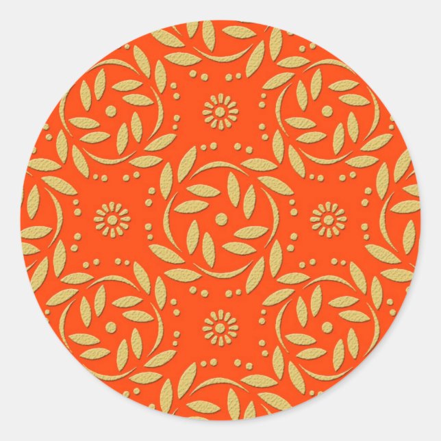 Modernes Orange- und Gold-Floral-Muster Runder Aufkleber (Vorderseite)