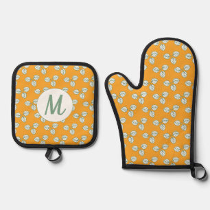 Modernes Orange- und Weißleaf-Muster Ofenhandschuh & Topflappen-Set