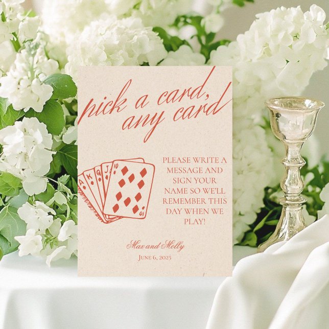 Modernes Orange Wedding Playing Cards Pedestzeiche Sockelschild (Add a fun touch to your wedding or event with this modern serif playing cards guest book sign!)