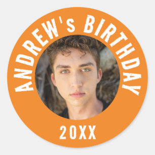 Modernes orangefarbenes und weißes Foto für Typogr Runder Aufkleber