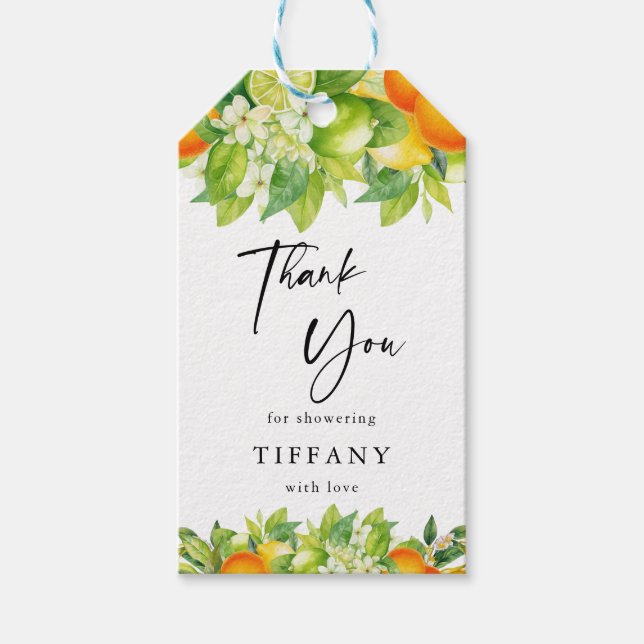 Modernes Orangen Lemon Citrus Brautparty Geschenkanhänger (Vorderseite)