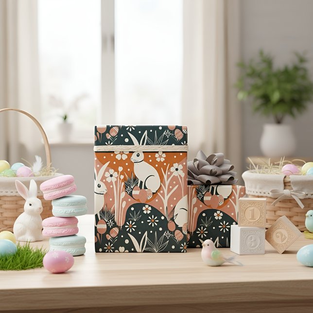 Modernes Osterhaus Geschenkpapier (Cute Easter bunny gift wrap with spring florals for festive baskets and treats.)