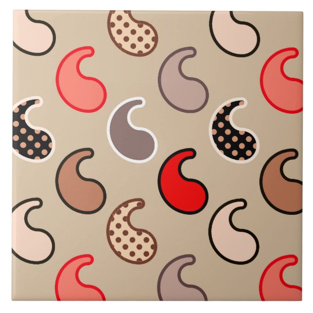 Modernes Paisley-Muster, Beige, Rot, Grau und Kora Fliese (Vorderseite)